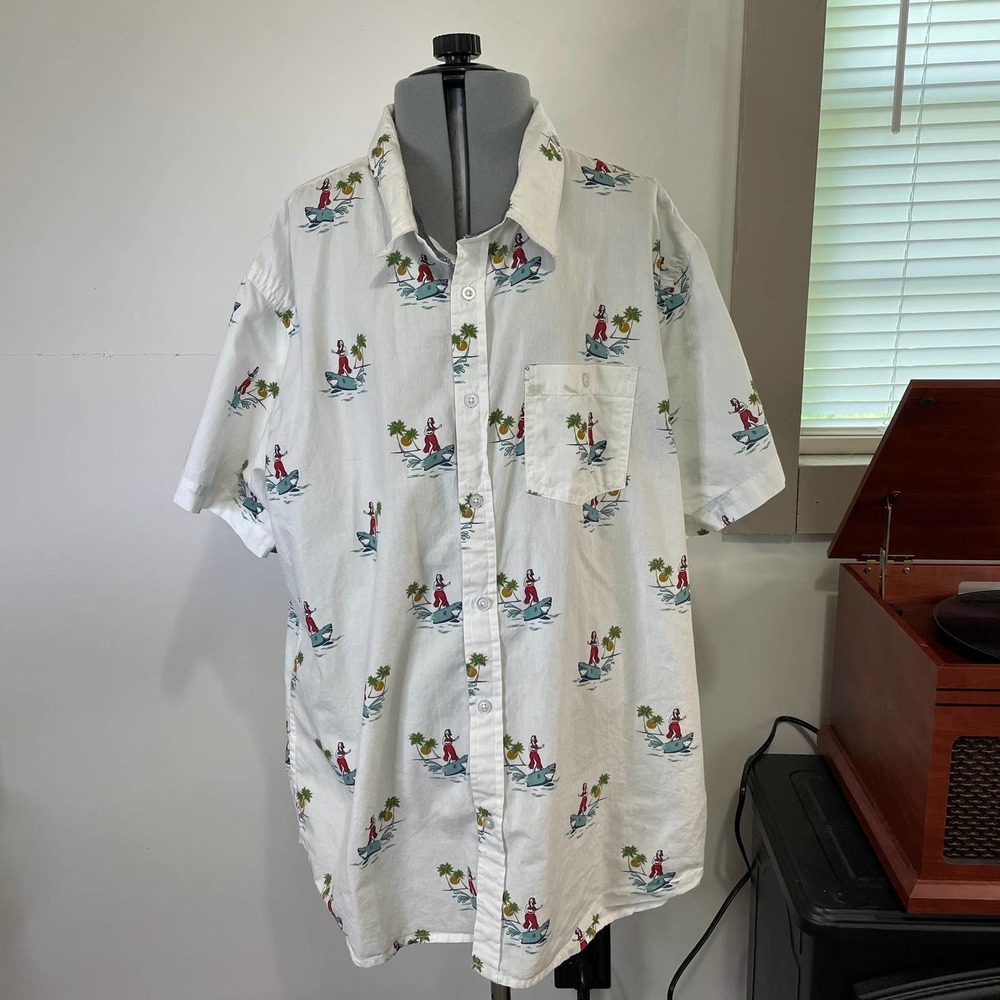 Eighty Eight Platinum hula girl surfing on shark button up shirt size XXL
